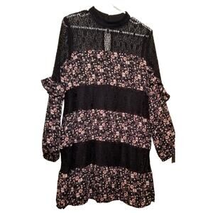 City Triangles BOHO Prairie Black Floral Lace Ruffle Long Sleeve Tiered Drs Sz L